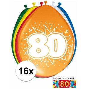 16 party ballonnen 80 jaar opdruk + sticker - Ballonnen