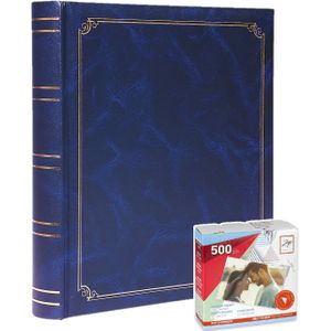Klassiek fotoboek/fotoalbum met insteekhoesjes blauw voor 300 fotos 24 x 31 x 8cm inclusief plakkers - Fotoalbums