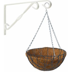 Hanging basket 35 cm met klassieke muurhaak wit en kokos inlegvel - metaal - complete hangmand set - Plantenbakken