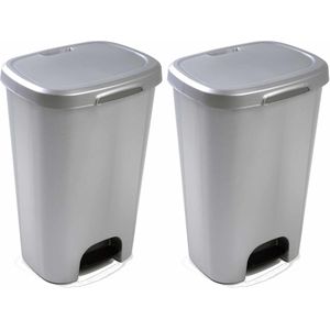 2x Zilveren afvalemmers/vuilnisemmers 50 liter met deksel en pedaal - Pedaalemmers