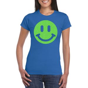 Verkleed T-shirt voor dames - smiley - blauw - carnaval/foute party - feestkleding - Feestshirts