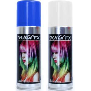 Set van 2x kleuren haarverf/haarspray van 125 ml - Blauw en Wit - Verkleedhaarkleuring