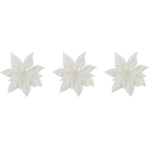 4x stuks decoratie bloemen kerstster wit glitter op clip 15 cm - Kunstbloemen