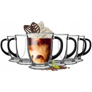 Koffie glazen - 6x - met oor - zwart - 400 ml - latte macchiato glazen - Koffie- en theeglazen