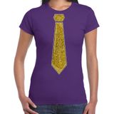 Verkleed t-shirt voor dames - stropdas glitter goud - paars - carnaval - foute party - Feestshirts