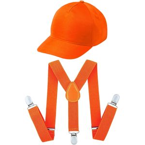 Koningsdag/sport verkleed set compleet - baseballcap en bretels - oranje - heren/dames - Verkleedattributen