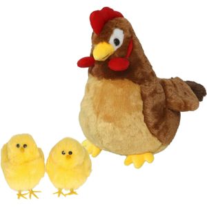 Pluche haan/kip knuffel - 20 cm - bruin - met 2x gele kuikens 7 cm - kippen familie - Vogel knuffels