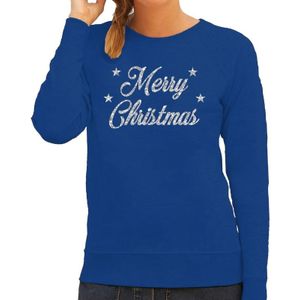 Blauwe foute kersttrui / sweater Merry Christmas zilveren letters voor dames - kerst truien