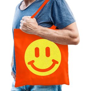 Cadeau tas voor heren - glitter smiley - oranje - katoen - 42 x 38 cm - Vaderdag - verjaardag - Feest Boodschappentassen