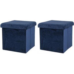 Urban Living Poef/Hocker - 2x - Opbergbox Zit Krukje - Velvet Donkerblauw - Polyester/Mdf