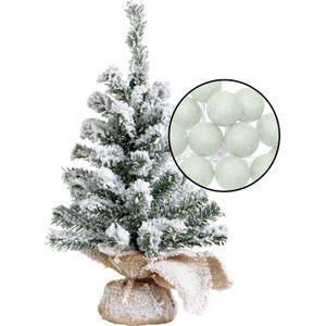 Mini kerstboom besneeuwd - incl. verlichting bollen lichtgroen - H45 cm - Kunstkerstboom
