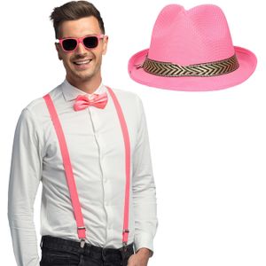 Carnaval verkleedset Funky - hoed/bretels/bril/strikje - roze - heren/dames - verkleedkleding - Verkleedattributen