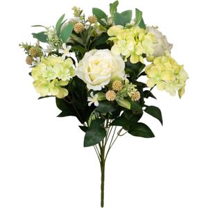 Louis Maes Kunstbloemen boeket rozen/hortensia met bladgroen - creme wit/geel - H52 cm - Bloemstuk