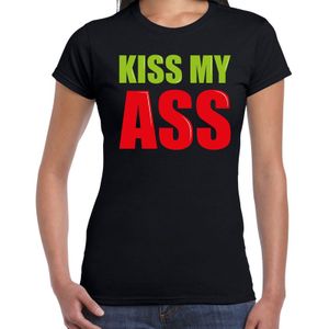 Kiss my ass fun tekst t-shirt zwart dames - Feestshirts
