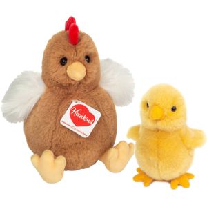 Hermann Teddy Pluche kip knuffel - 18 cm - multi kleur - met een kuiken van 10 cm - kippen familie - Vogel knuffels