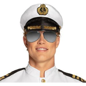 Carnaval verkleed Kapiteinpet - met spiegel zonnebril - wit - heren/dames - verkleedkleding set - Verkleedhoofddeksels