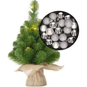 Mini kerstboom/kunstboom met verlichting 45 cm en inclusief kerstballen zilver - Kunstkerstboom