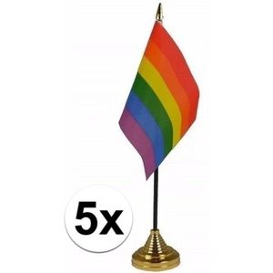 5x Regenboog tafel vlaggetjes op stok 10 x 15 cm - Vlaggen