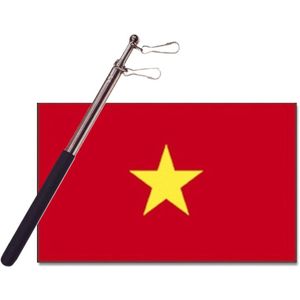 Landen vlag Vietnam - 90 x 150 cm - met compacte draagbare telescoop vlaggenstok - supporters - Vlaggen