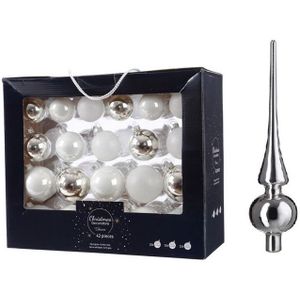 42x stuks glazen kerstballen wit/zilver 5-6-7 cm inclusief zilveren piek - Kerstbal