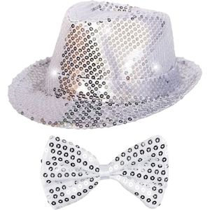 Carnaval verkleed set hoed met strikje zilver glitters - Verkleedhoofddeksels
