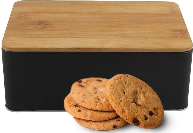 Koektrommel Ventura - zwart met bamboe deksel - 1700 ml - 19 x 13 x 7 cm - metaal - Koekblik