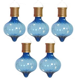 Solar hanglamp bol/peertje - 5x - Marrakech - kobalt blauw - kunststof - D8 x H12 cm - Buitenverlichting