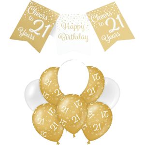 Paperdreams Luxe 21 jaar feestversiering set - Ballonnen &amp; vlaggenlijnen - wit/goud - Feestpakketten