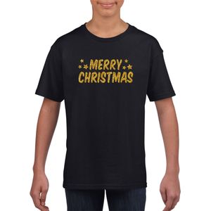 Merry Christmas Kerst t-shirt zwart voor kinderen met gouden glitter bedrukking - kerst t-shirts kind