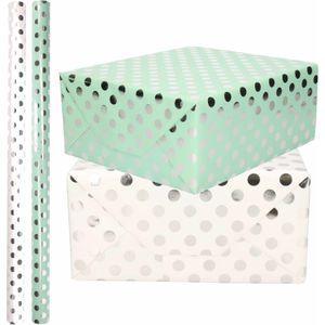 4x Rollen luxe folie inpakpapier zilveren stippen pakket - mintgroen/wit 200 x 70 cm - Cadeaupapier