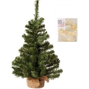 Volle kerstboom in jute zak 60 cm inclusief warm witte kerstverlichting - Kunstkerstboom