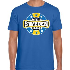 Have fear Sweden is here / Zweden supporter t-shirt blauw voor heren - Feestshirts