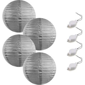 Setje van 4x stuks luxe zilveren bolvormige party lampionnen 35 cm met lantaarnlampjes - Feestlampionnen