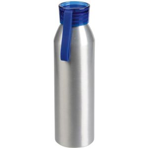 Aluminium waterfles/drinkfles zilver met blauwe kunststof schroefdop 650 ml - Drinkflessen