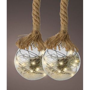 Verlichte kerstballen - 2x st -glas- aan touw - D20 cm - 40 leds -warm wit - kerstverlichting figuur