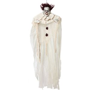 Halloween/horror thema hang decoratie horror clown - met LED licht - enge/griezelige pop - 130 cm - Feestdecoratievoorwerp