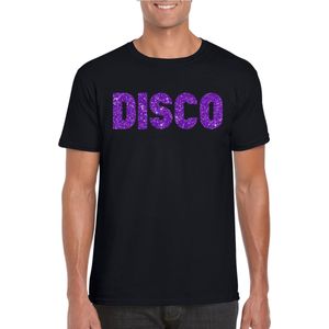 Verkleed T-shirt voor heren - disco - zwart - paars glitter - jaren 70/80 - carnaval/themafeest - Feestshirts