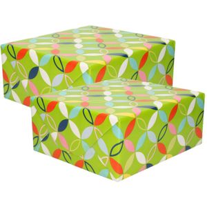 3x Inpakpapier/cadeaupapier groen met bloem figuren motief  200 x 70 cm rol - Cadeaupapier