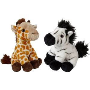 Ravensden - Safari Dieren Knuffels - 2x Stuks - Zebra en Giraffe - 15 cm