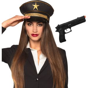 Carnaval verkleed set Leger Officier - luxe pet - met plastic pistool 27 cm - Generaal - Verkleedattributen