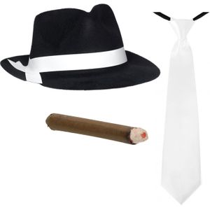 Smiffys - Gangster/Maffia verkleed set hoed zwart/wit met stropdas en sigaar - Verkleedhoofddeksels