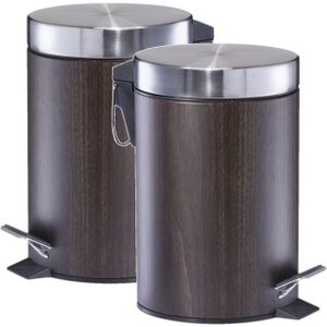 2x Donker bruine houtprint vuilnisbakken/pedaalemmers 3 liter van 17 x 26 cm - Pedaalemmers