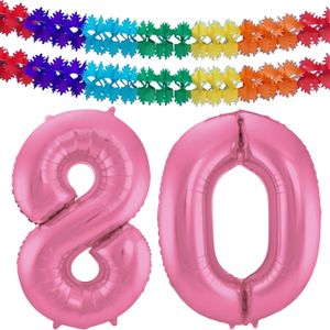Grote folie ballonnen cijfer 80 in het glimmend roze 86 cm en 2x feestslingers - Ballonnen