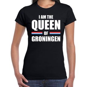 Koningsdag t-shirt I am the Queen of Groningen zwart voor dames - Feestshirts