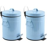 MSV Prullenbak/pedaalemmer - 2x - Industrial - metaal - pastel blauw - 3L - 17 x 26 cm - Badkamer/toilet