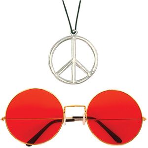 Hippie Flower Power Sixties verkleed set ketting met rode party bril - Verkleedketting