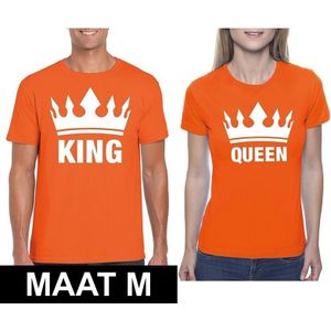 Koningsdag koppel King &amp; Queen t-shirt oranje maat M - Feestshirts