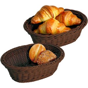 Brood/fruit mandje - 2x - gevlochten kunststof - donkerbruin - ovaal - L32 x B24 x H11 cm - broodman - broodmand