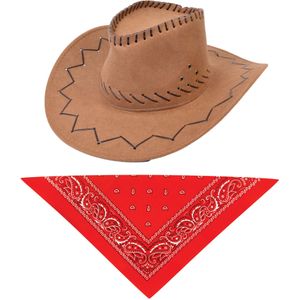 Carnaval verkleed hoed voor een cowboy - bruin - polyester - heren/dames incl. bandana - Verkleedhoofddeksels