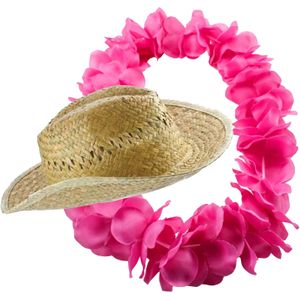 Carnaval verkleed set - Tropische Hawaii party - stro beach hoed - met volle bloemenslinger roze - Verkleedhoofddeksels